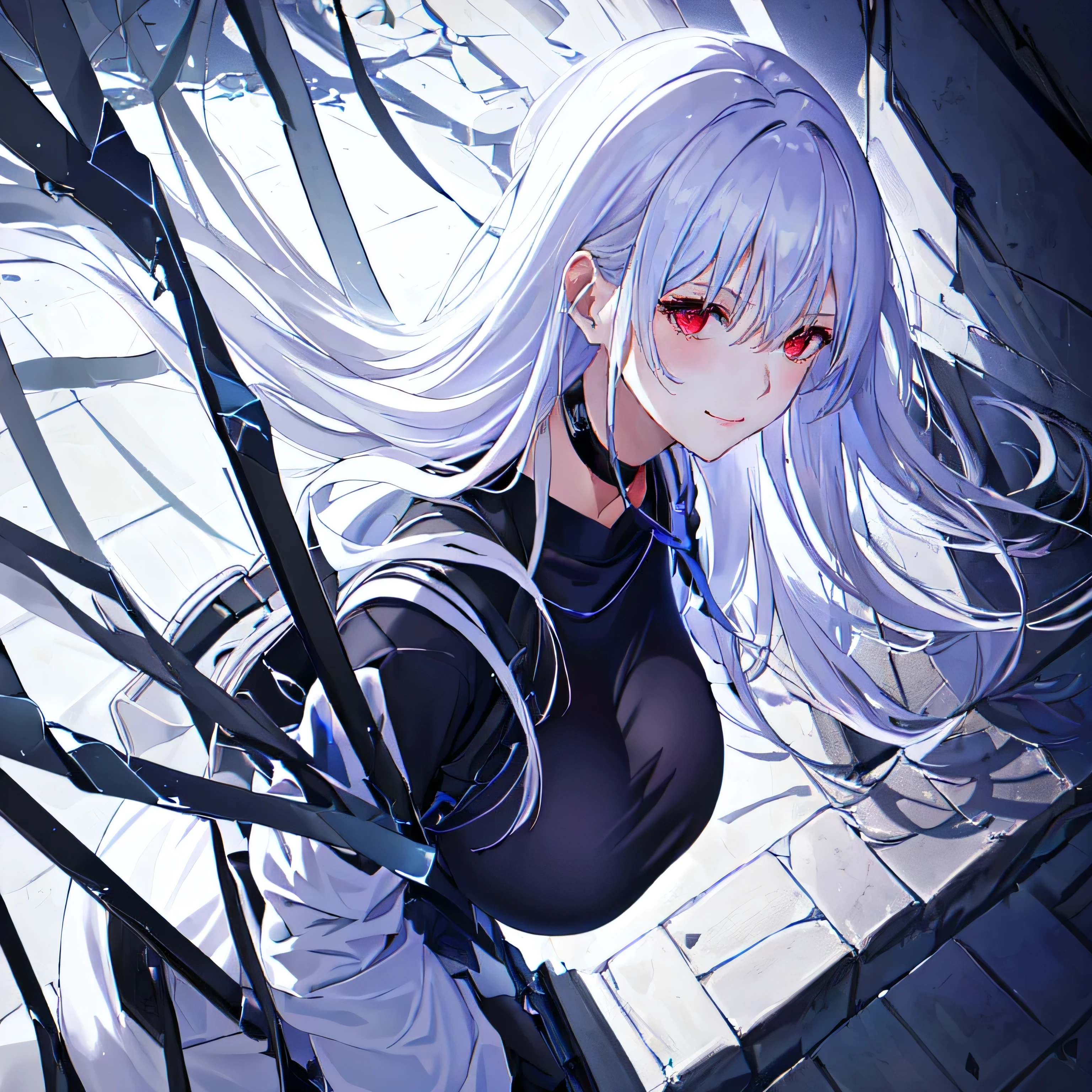 1girl, solo red eyes, accelerator (toaru majutsu no index), constricted pupils, white hair, shirt, solo, choker, striped shirt, striped, albino, earphones, pants, hair between eyes, long hair, collarbone, white shirt, explosion, ruins, (masterpiece:1.2, best quality), high contrast, ((cinematic light)), black light particles, (broken glass), portrait, upper body, outdoors, massive breasts, cleavage, soft round face:1.5, fat face:1.3, smile, blush