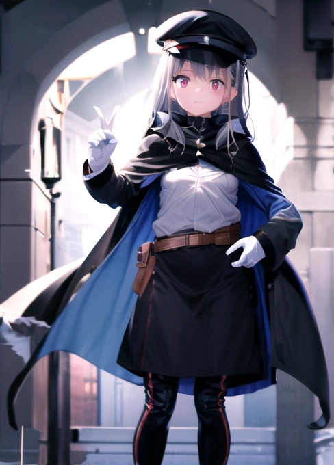 1girl, solo, white IJA peaked cap, ,black long boots, small breasts, blue navy cape, cape narrow waist, grey hair, long hair, red eyes, white gloves, holster,long skirt, leather belt pouch, city, night