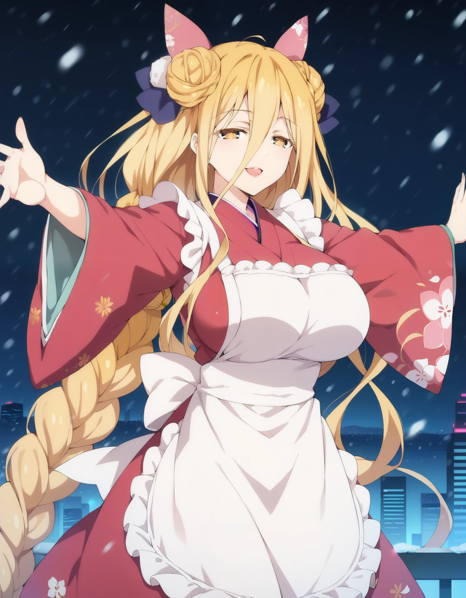 score_9, score_8_up, score_7_up, source_anime, masterpiece, best quality, extremely detailed, 1girl, milf, solo, mukuro hoshimiya, (huge breasts:1.1), ((((blonde hair), very long hair, bangs, hair between eyes, hair bun, double bun, braid, yellow eyes, half-closed eyes))), red lips, (((kimono, white apron, frilled apron))), ((light smile), open mouth), ((motherly, beckoning, outstretched arms, futuristic cityscape, winter, snowing))