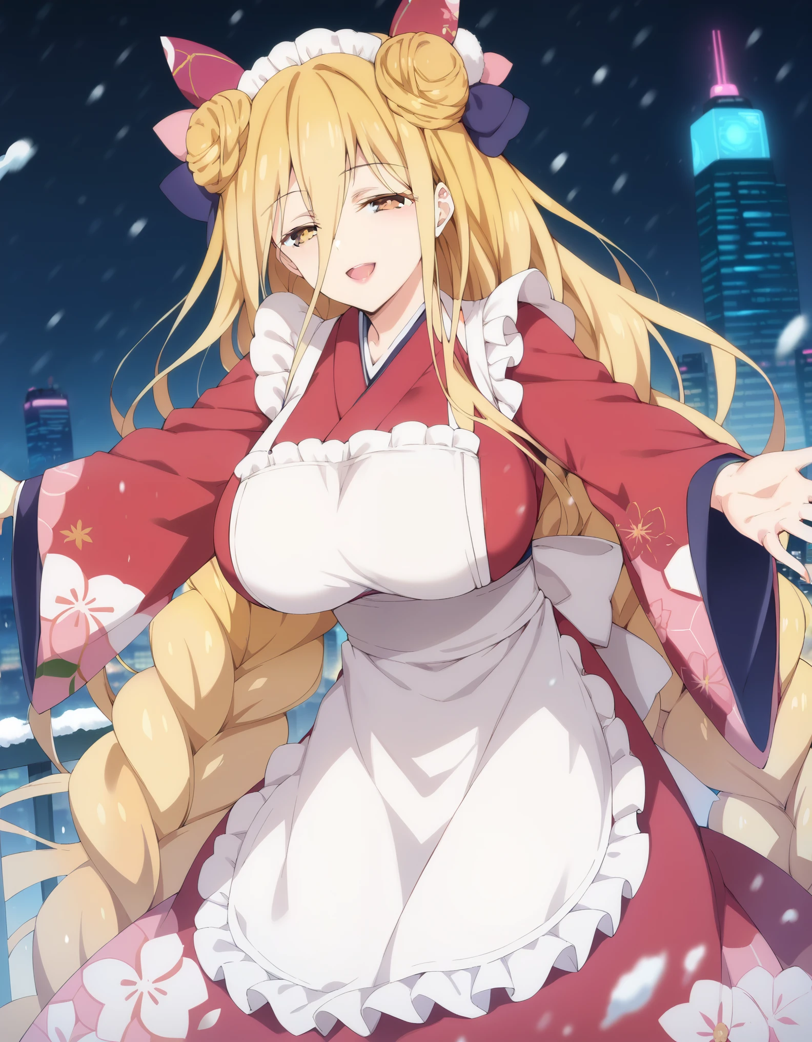 score_9, score_8_up, score_7_up, source_anime, masterpiece, best quality, extremely detailed, 1girl, milf, solo, mukuro hoshimiya, (huge breasts:1.1), ((((blonde hair), very long hair, bangs, hair between eyes, hair bun, double bun, braid, yellow eyes, half-closed eyes))), red lips, (((kimono, white apron, frilled apron))), ((light smile), open mouth), ((motherly, beckoning, outstretched arms, futuristic cityscape, winter, snowing))