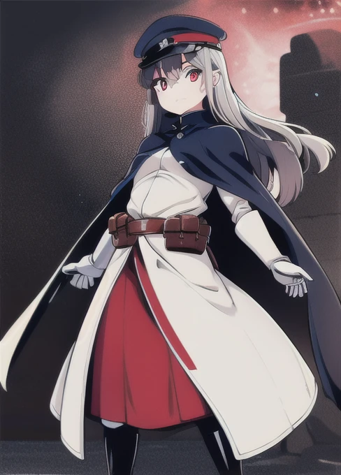 1girl, solo, white IJA peaked cap, ,black long boots, small breasts, blue navy cape, cape narrow waist, grey hair, long hair, red eyes, white gloves, holster,long skirt, leather belt pouch, city, night