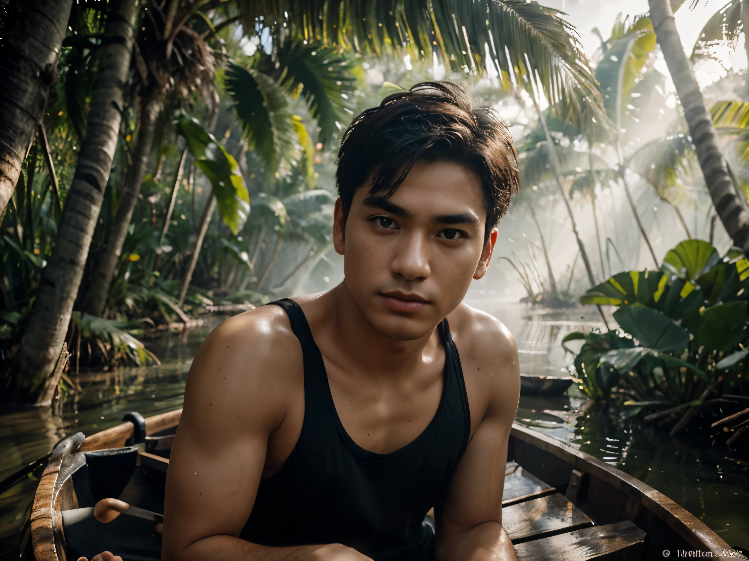 handsome Balinese male model bath under shower in bali shower with many plants around, great view with some balinese girl