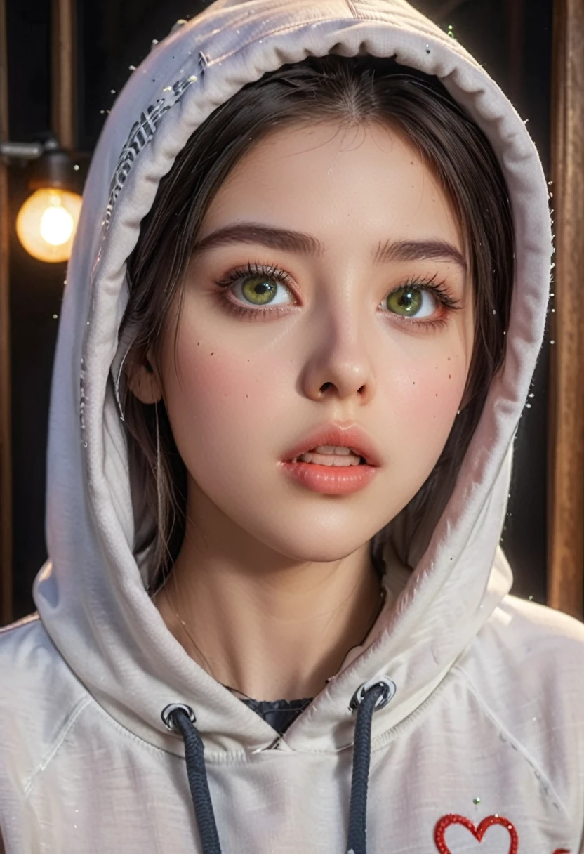 1 Girl,Beautiful and delicate eyes,Beautiful and delicate lips,Extremely detailed eyes and face,Long eyelashes,Heart-shaped pupil,open mouth,hoodie,Solitary,masterpiece,(best quality,4K,8K,high resolution,masterpiece:1.2),Extremely detailed,(Practical,photoPractical,photo-Practical:1.37),portrait,Movie Lighting,Dramatic Lighting,Intricate details,Ethereal,Like a dream,serene,calm