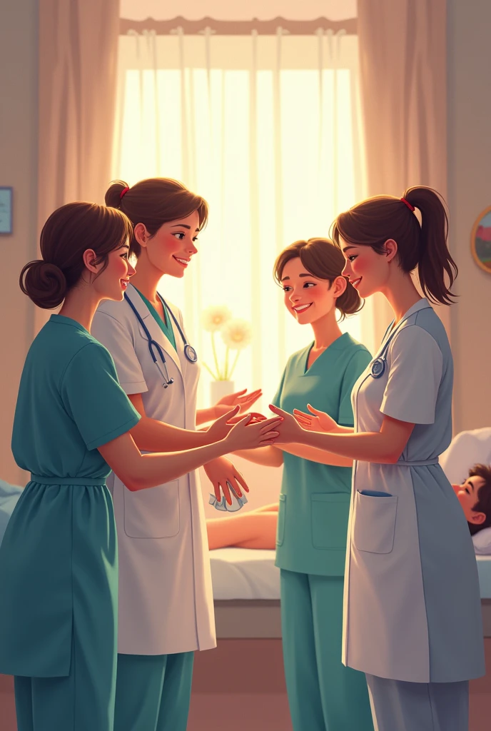 Ramin, now a respected doctor in her village, humbly treating a patient in her clinic, surrounded by the grateful faces of villagers whose lives she has touched."
