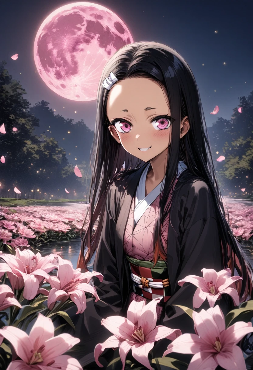 absurdres, highres, ultra detailed, HDR, master piece, best quality, Kamado Nezuko, expressive pink eyes, Kimetsu No Yaiba, 1woman, extremely beautiful, pink petals, pink lilies, pink moon, fireflies