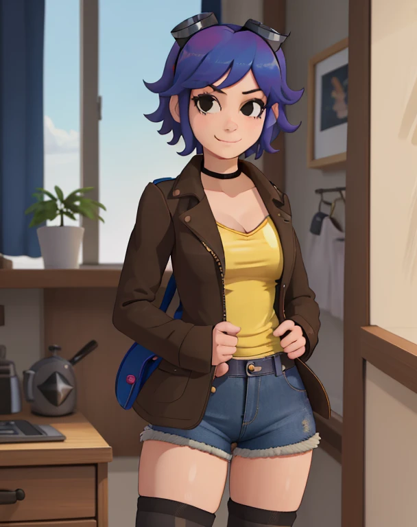 masterpiece, best quality, 1girl, solo, closed mouth, smile, looking at viewer, scottpilgrimvstheworld, denim short-shorts, black pantyhose, opened tan coat, black camisole, ramona flowers, indoors,
