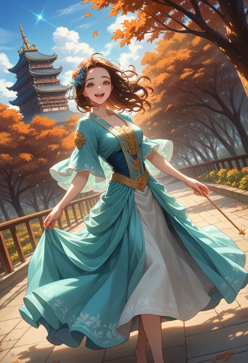 score_9, score_8_up, score_8_up, 細かくてbeautiful目, beautiful唇のディテール, Happy expression, Blooming Flowers, wood々Sunlight coming in through gaps, Wind, Calm atmosphere, Gentle laughter, , (Detailed clothing features),4K, (8k), (beautiful), shape, Dynamic Angle, (whole body:1.2), (The wizard holds a wand:1.3), Knossos palace, evening, autumn, Beautiful woman, alone, beautiful navy blue wizard dress, (She is wearing a skimpy wizard&#39;s navy blue dress.,紺色のboots:1.3), Fishtail Blade, White teeth,, (hair ornaments:1.2), Earrings, Bib Necklace, smile, Lens flare, Shiny,((big breasts,gigantic breasts)),((boots)),,(huge breasts)