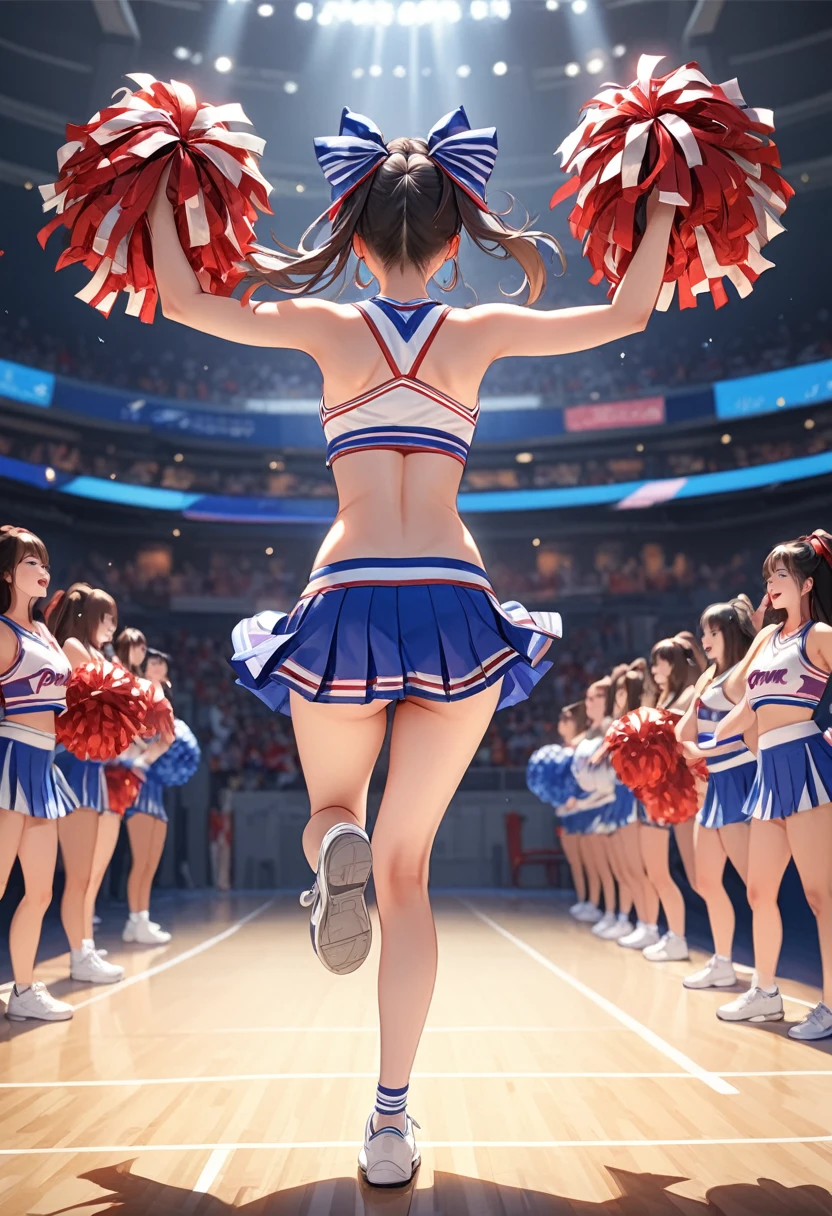 (masterpiece, best quality:1.2), 1girl, full body,from behind,cheerleaders,(pom-pom in both hands:1.3),standing one leg,(raise one leg:1.2),cheer dance