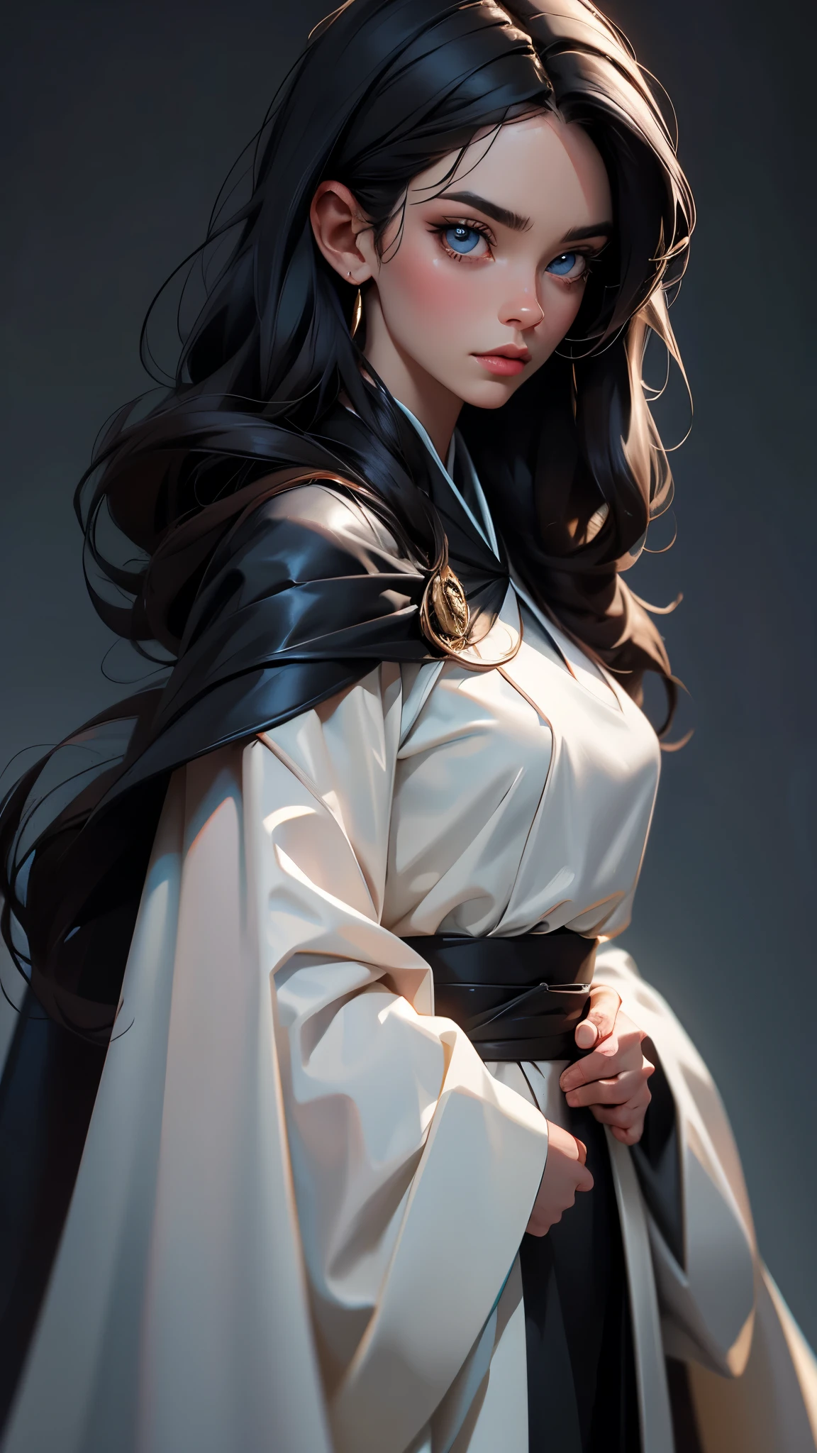 envision a 8k, highres, cinematic, beautiful extreme close up face Pinup of a elegant rich smart lady with a skinny muscular body, strong face, strong jaw, skinny face, strong mature older face, (((long gray-black hair))), side locks, long bangs, blue eyes, scholar robes, long robes, coat, cape, ((((1girl)))), in dark lighting, against a dark gray background