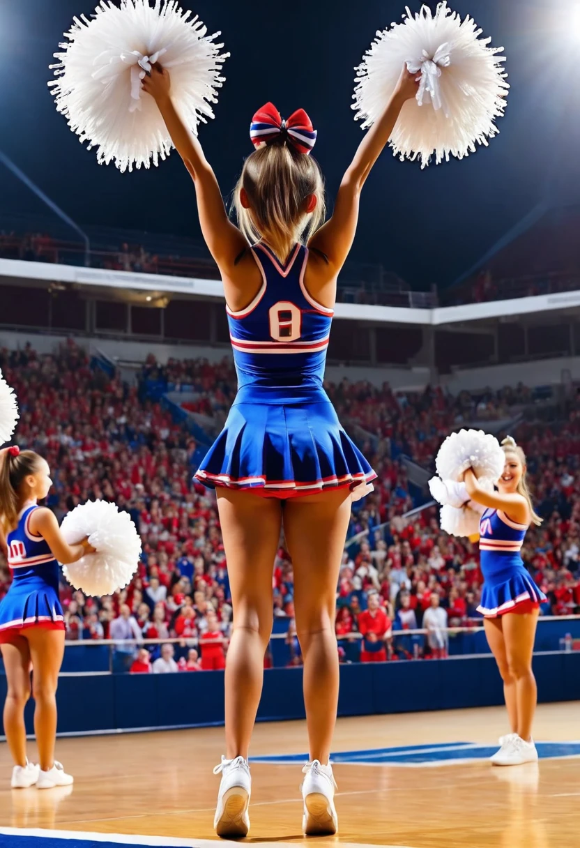 (masterpiece, best quality:1.2), 1girl, full body,from behind,cheerleaders,(pom-pom in both hands:1.3),standing one leg,(raise one leg:1.2),cheer dance