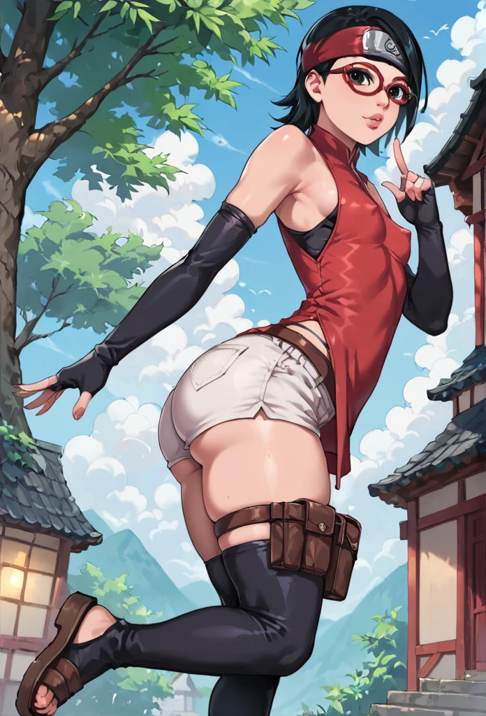 score_9_up, score_8_up, score_7_up, score_6_up, score_5_up, score_4_up, ,zPDXL2, solo, ass focus, rating_safe, perfect face, perfect eyes, D-art art Style, Sarada Uchiha, solo, 1girl, black hair, short hair, red-framed eyewear, headband, glasses, black eyes, double slit red dress, sleeveless, elbow gloves, black gloves, fingerless gloves, white shorts, black thighhighs, thigh holster, large round butt, bubble butt, gluteal fold,thick thighs ,konohagakure village pathway, small breasts ,full lips, wide hips, thick thighs, nipple bulge, Side view, sandals,
