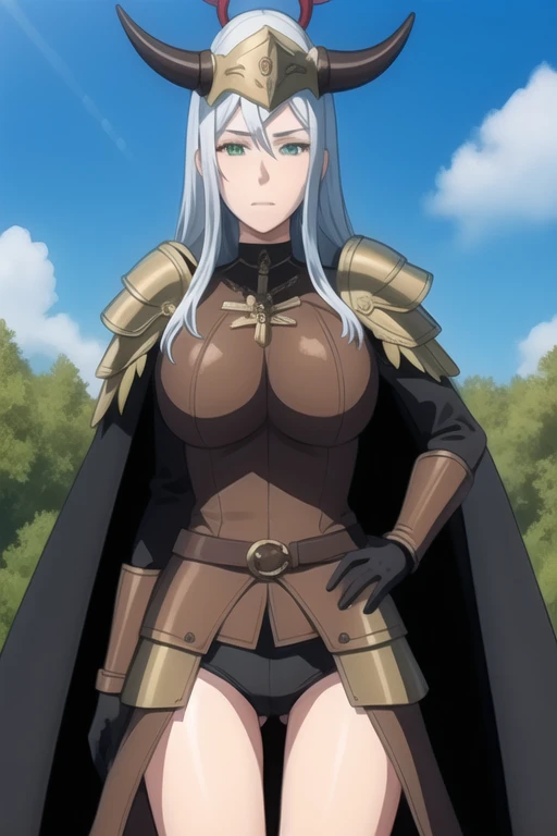 (high quality:1.2), intricate detailed, colorful,
VanessaCromwell, 1girl, mature female, solo, (hand on own cheek:1.2), cowboy shot,
looking at viewer, determined,
white hair, long hair, green eyes,
armor, breastplate, shoulder armor, bodysuit, horned helmet, gloves, cape, cape place under body, 
large breasts, 
outdoors, sky, cliff,
 