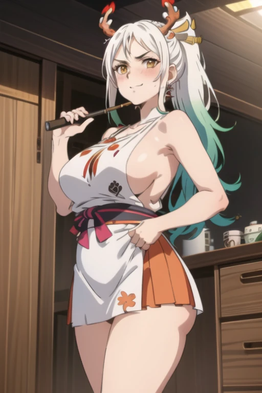 ((best quality)), masterpiece, A full-body depiction of MItsuri Kanroji from Demon SLAYER WITH HERE Nichirin sword, with ponytail hair featuring PINK-GREEN hair, LONG HAIR STREAKED AT THE MIDDLE HAIR. She possesses a perfect body with notably large breasts, standing upright and making direct eye contact with the viewer. Mitsuri Kanroji is dressed in an orange slim-fit t-shirt and a skirt, with her arms elegantly positioned behind her back, showcasing long, enticing legs.