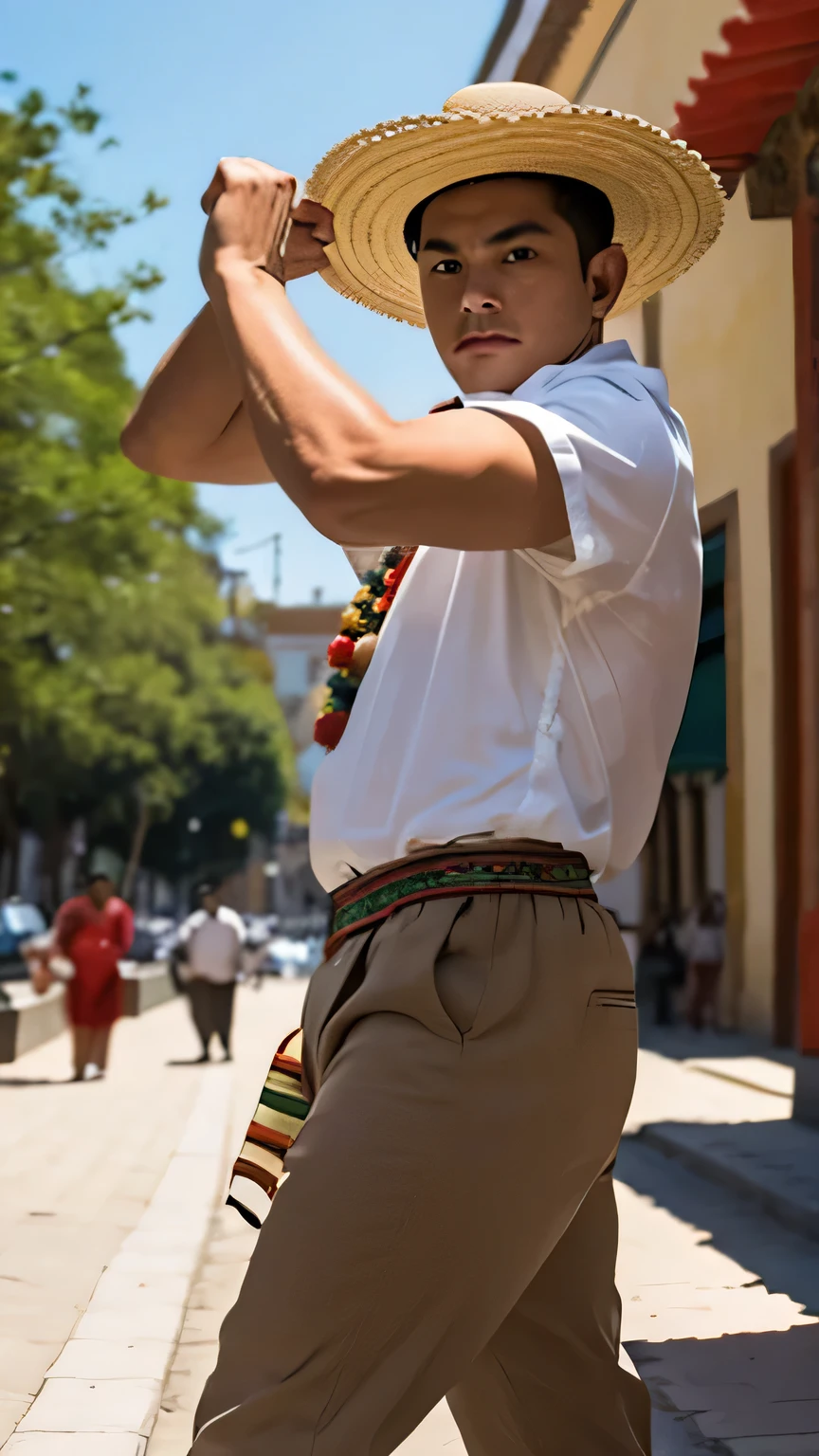 Light-skinned Mexican man wearing a mariachi hat. Fighting pose. In front of a Mexican plaza.