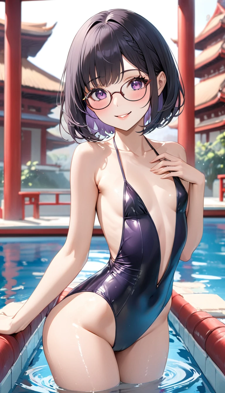 best quality、Best image quality、masterpiece、solo, A girl、beautiful eyes、Black Hair, Purple Eyes、Short Bob Hairstyle、(temple), Middle part, (flat chest)、slim、Tight waist、Round glasses、Pretty Face、Natural smile、Red cheeks、Slingshot swimsuit, In the school swimming pool、Sexy pose, Charming pose, Model pose, Dynamic Angle