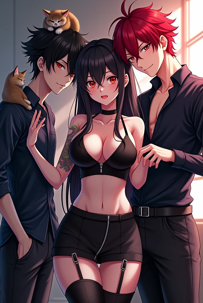 Super beautiful waifu women fighting over a handsome long-haired young man tattooed on his chest