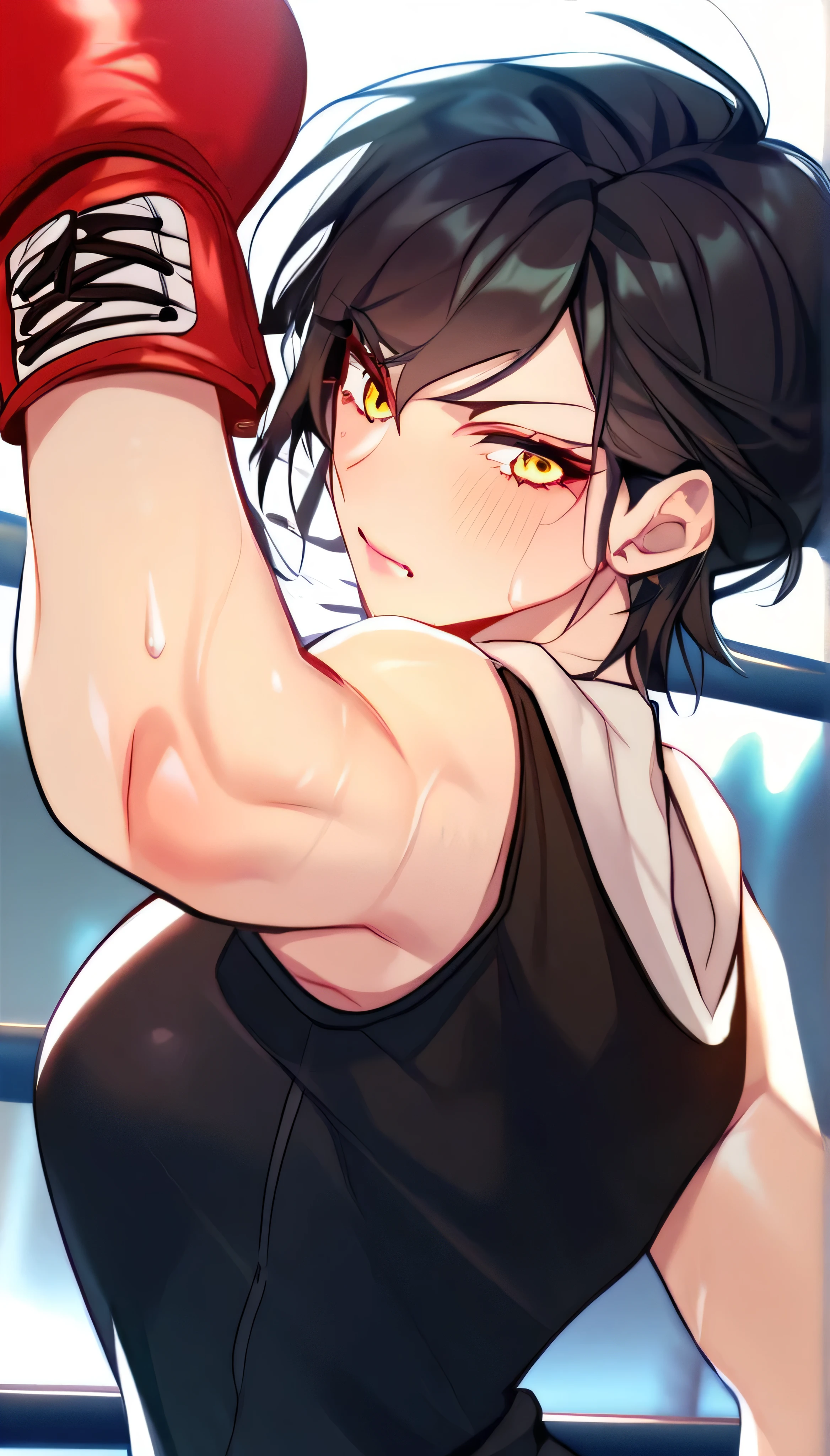 1 girl, black hair,masterpiece,best quality,highres,ultra-detailed,aashizue,yellow eyes,short hair,(sleeveless hoodie:1.2), boxing gloves, toned, sweating,boxing stance, (sleeveless:1.4)