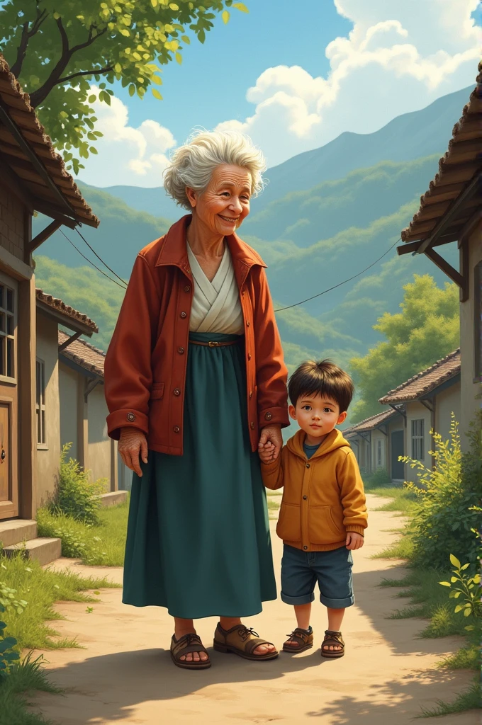 An old woman and a child under an umbrella is raining in 2023 --auto --s2