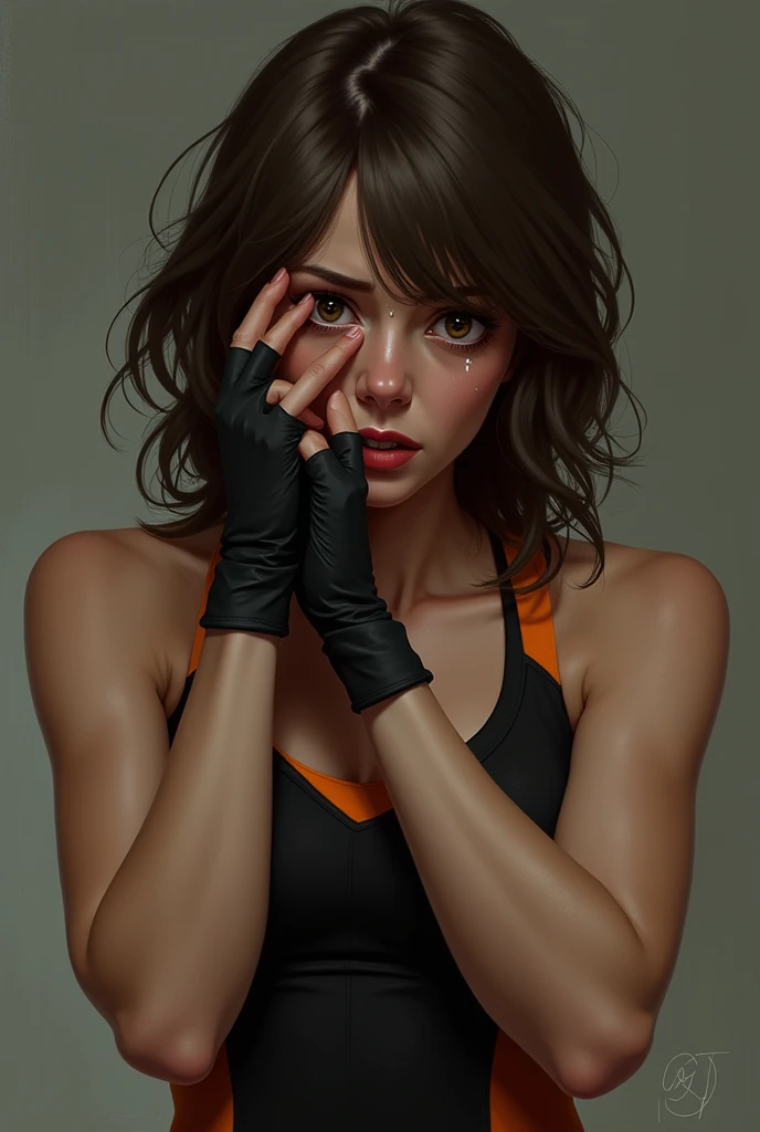 High school, pink short hair, bangs cover one eye, droopy eyes, big breasts, thick thighs, white panties, pulling panties up, skinny, (((she is brutally slapped in the face:1.2))), (((hit in cheek))), (((whole body view)))