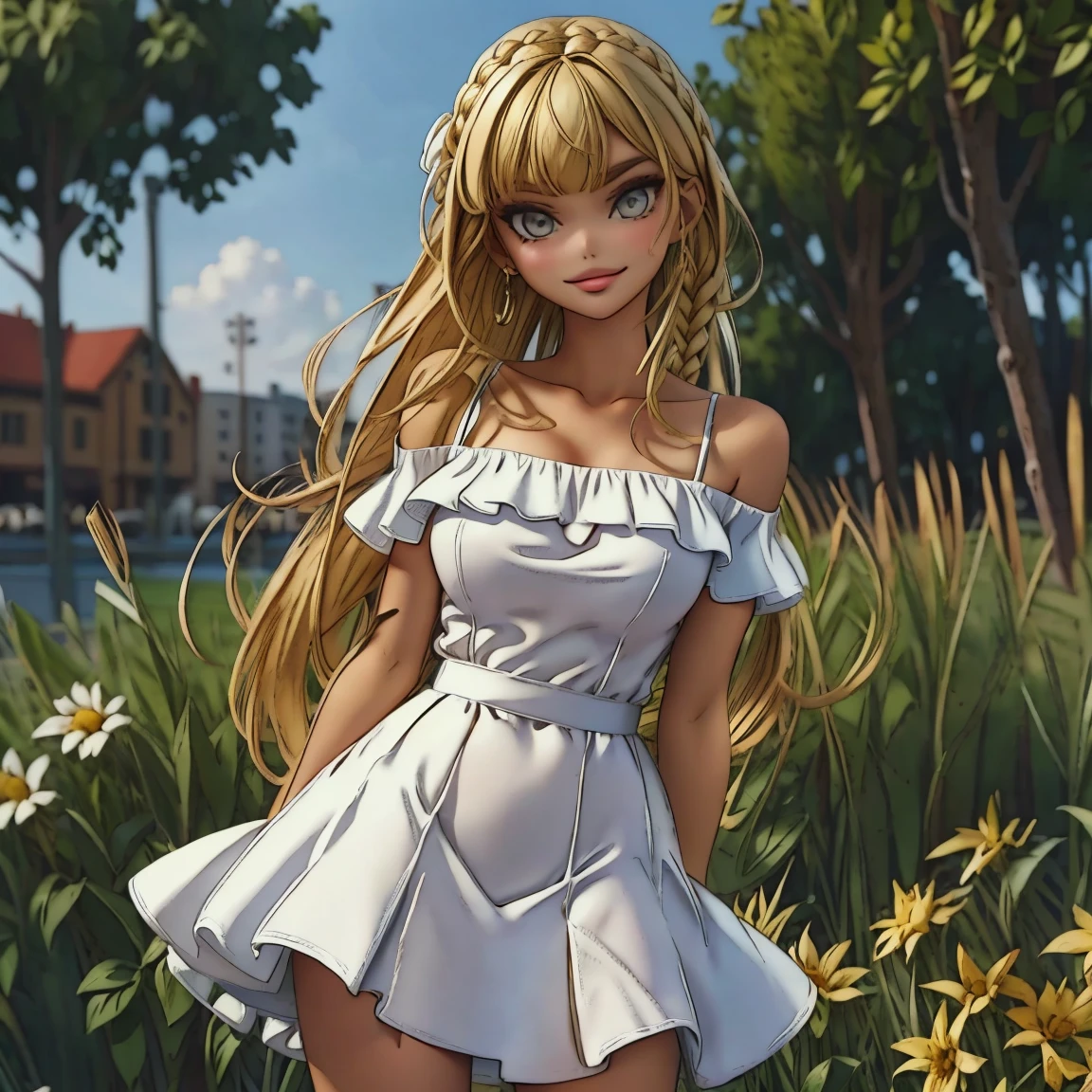(masterpiece, best quality:1.4), Young blonde beauty, (((18 years old, neat girl))), detailed blue eyes, long eyelashes, blush, kind smile, horny, upper body, small ass, round ass, wearing a pink short princess dress, (looking at viewer), beautiful blonde hair, white-skinned, (bangs:1.3), ponytail, (medium size breasts), (mushroom forest, celestial forest, beautiful and magnificent pink sunshine, majestic sky), natural light, pastel colors