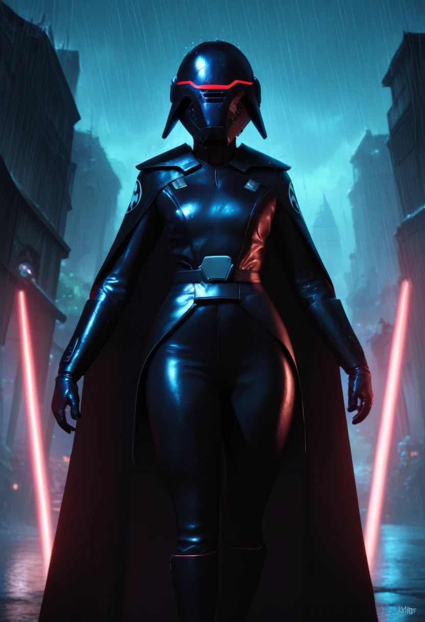 score_9, score_8_up, score_7_up, 3d,
BREAK
Trilla, helmet with red visor, cape, armor,black gloves,tight bodysuit,black cape,black pants,
solo, standing, front view, medium breasts, wide hips,
junkyard background, rain, night, night sky