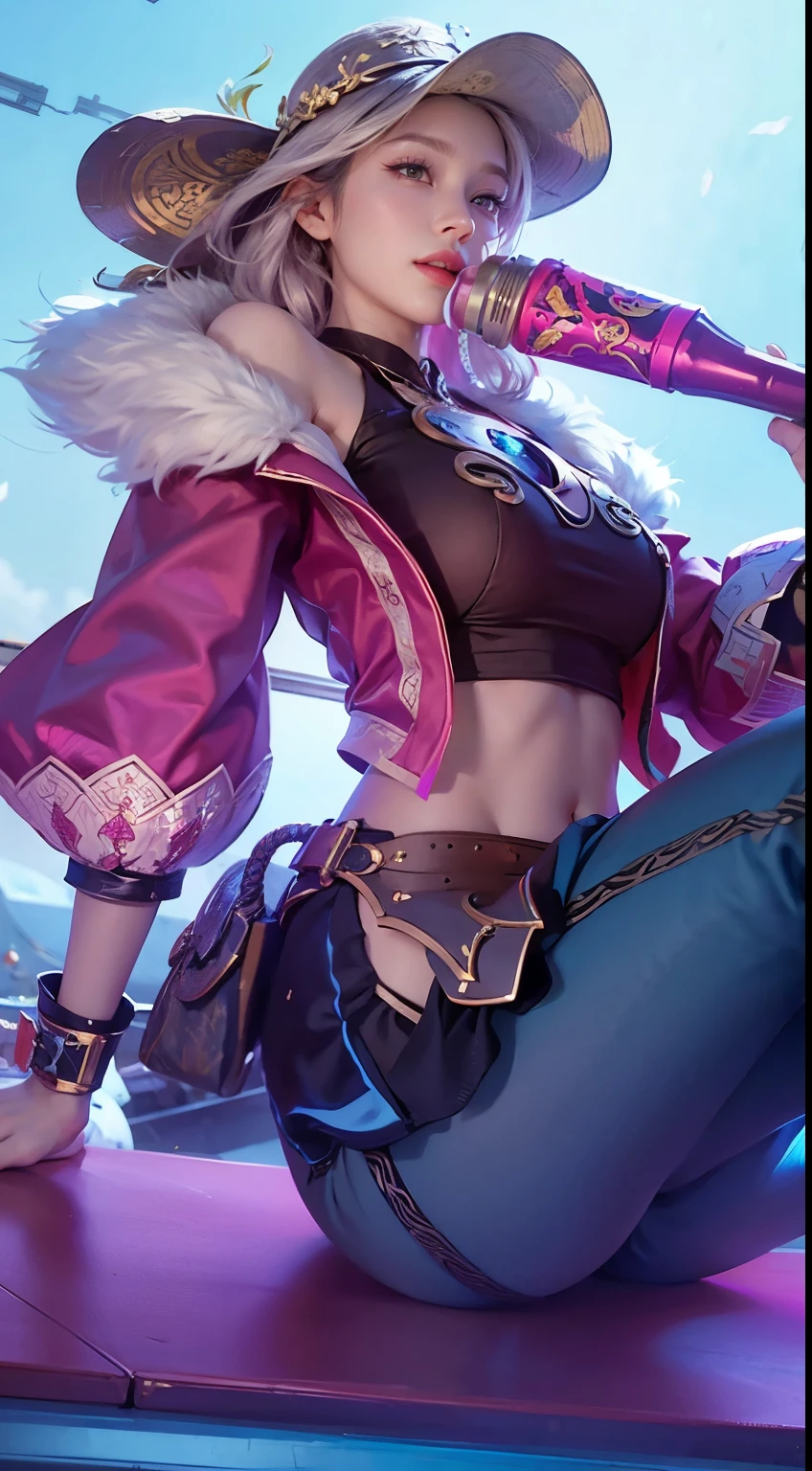 ((best quality)), ((masterpiece)), (detailed),  knight , (sci-fi illustration:1.3, longshot pos, mystical sky , bright colors, (detail sci-fi background), (high-resolution:1.2, high res, (winter), mega man art style, female, beautiful face, beautiful lips, sword, stockings, boots,4k)