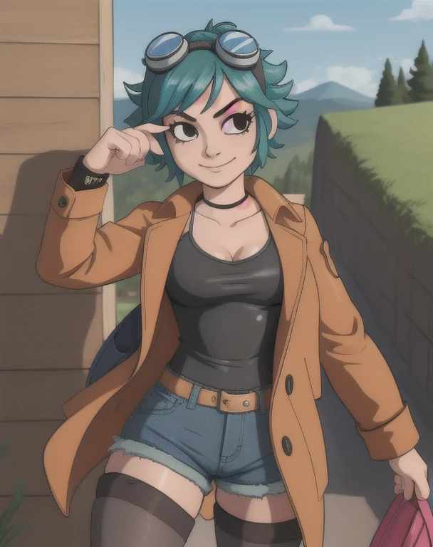 masterpiece, best quality, 1girl, solo, closed mouth, smile, looking at viewer, scottpilgrimvstheworld, ramona flowers, (Wearing: goggles, opened tan coat, black camisole, denim short-shorts, black pantyhose), outdoors,
