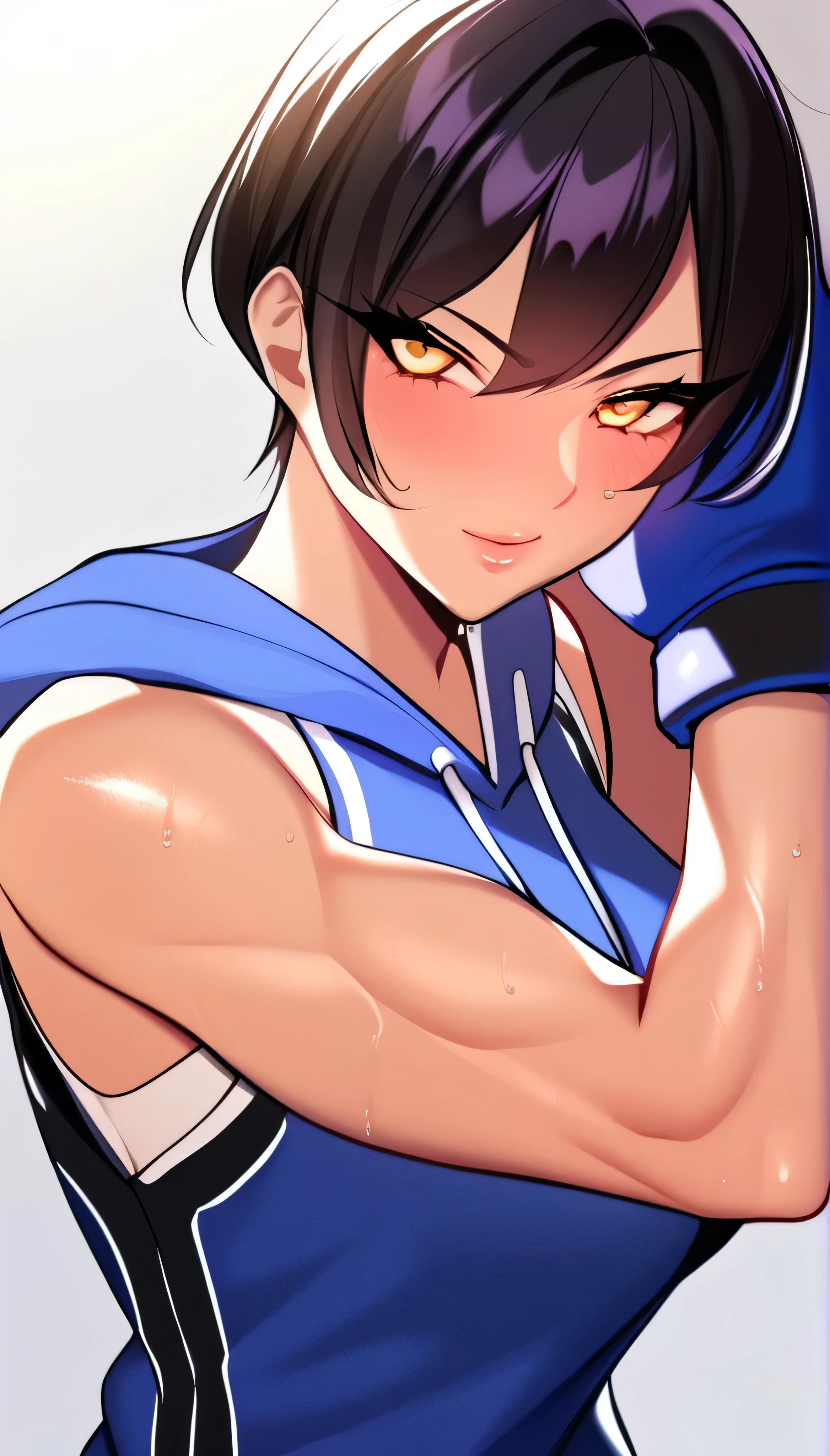 1 girl, black hair,masterpiece,best quality,highres,ultra-detailed,aashizue,yellow eyes,short hair,(sleeveless hoodie:1.2), boxing gloves, toned, sweating,boxing stance, (sleeveless:1.4)
