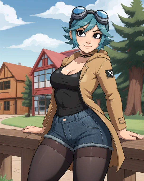 masterpiece, best quality, 1girl, solo, closed mouth, smile, looking at viewer, scottpilgrimvstheworld, ramona flowers, (Wearing: goggles, opened tan coat, black camisole, denim short-shorts, black pantyhose), outdoors,
