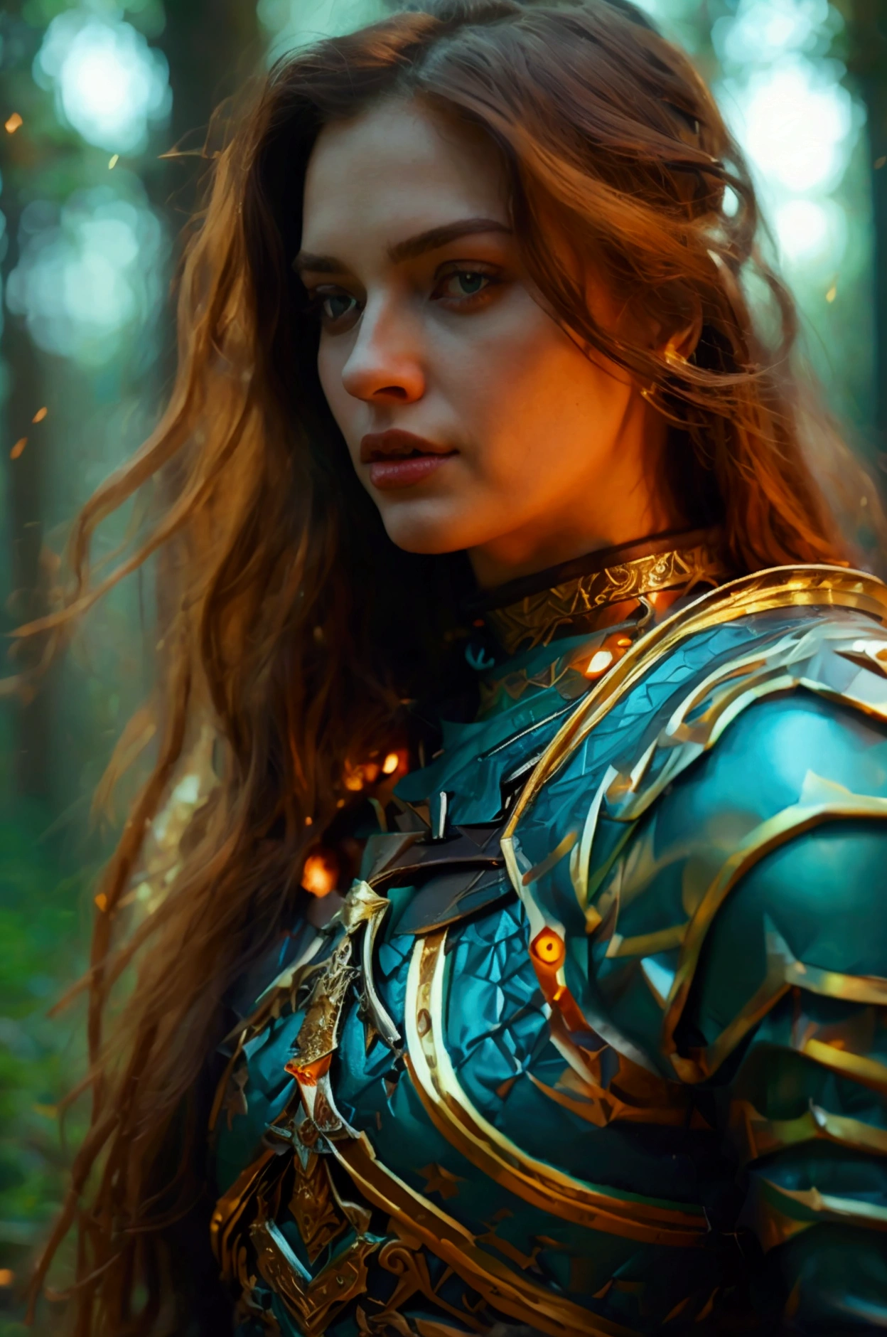 Best Quality, masterpiece, ultra high resolution, strong woman, Long and curly hair, leather armor, medieval clothing, goalkeeper, elaborate bow, mystical runes, magical, detalleed background, forest, extreme detail, 4k,  