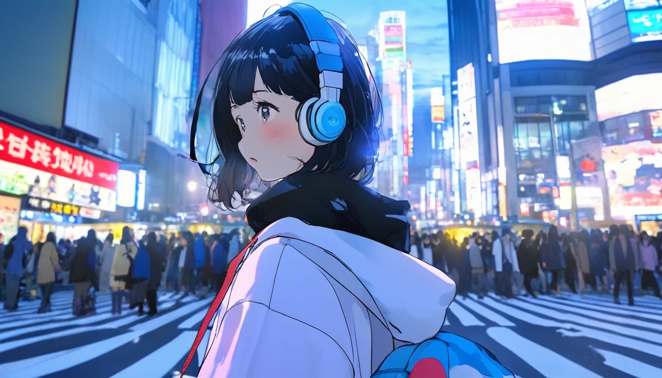 A woman with black hair and cute clothes,、A girl with blue headphones、Standing at Shibuya Scramble Crossing。Her short hair is illuminated by the setting sun、Reflects a little light。The sleeves of the hoodie are a little long、Both hands are in the pockets。Her eyes are fixed on the other side of the intersection、There is a slight sense of loneliness in his expression.。Only the music playing over her shoulder、As if I was keeping myself together amid the hustle and bustle of the city。