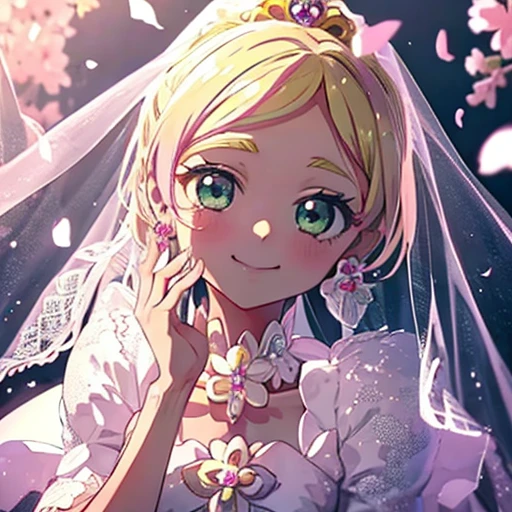 Perfect Face, A big smile, Full body drawing, 1 Girl, Middle school students, Pretty Cure, White skin, Blonde, long hair, Pink accent hair, ピンクのflowerがついた金色のティアラ, White Veil, Green Eyes, ピンク色のflowerのチョーカー, White Wedding Dress, Cure Flora, Mode Elegant, flower, beautiful, Princess, Royal, cute, smile, kind, Soft, pastel, looking at the camera, Front facing, Front Light