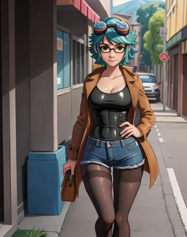 masterpiece, best quality, 1girl, solo, closed mouth, smile, looking at viewer, scottpilgrimvstheworld, ramona flowers, (Wearing: goggles, opened tan coat, black camisole, denim short-shorts, black pantyhose), outdoors,
