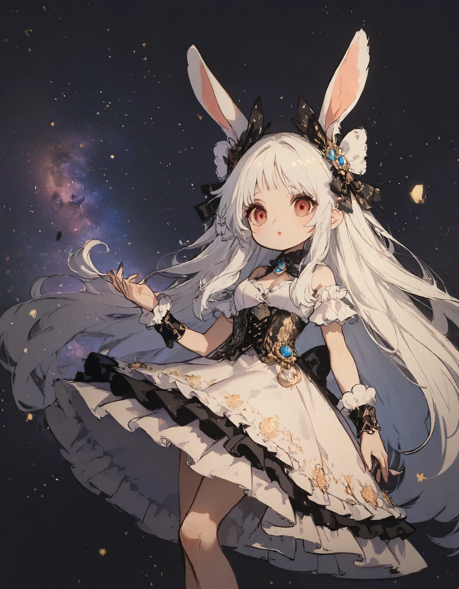 solo,1girl\(human,cute,kawaii,small kid,age of 10,(white hair:1.7),(very long hair:1.7),bangs,(ear\(fluffy white bunny-ear\):1.4),(red eye),big eye,beautiful shiny eye,skin color white,big hairbow,(white frilled dress:1.3),breast,white rabbit tail at hip\), BREAK ,at plaza,at night,many beautiful twinkle stars,colorful nebulas,shooting star,from below, BREAK ,quality\(8k,wallpaper of extremely detailed CG unit, ​masterpiece,hight resolution,top-quality,top-quality real texture skin,hyper realisitic,increase the resolution,RAW photos,best qualtiy,highly detailed,the wallpaper,cinematic lighting,ray trace,golden ratio,\),d4rkpurp