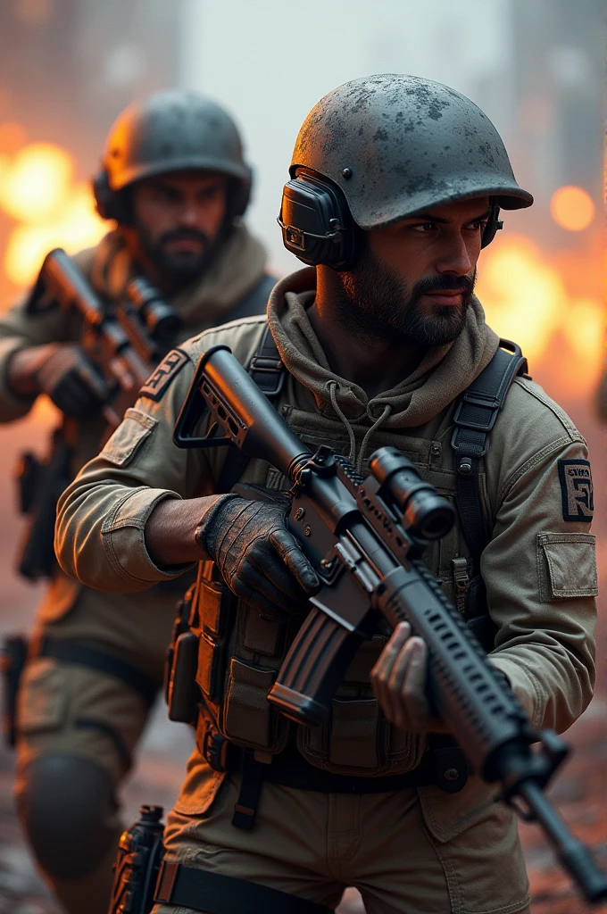 (Saudi Arabian Special Forces), urban warfare, gunfire and smoke, vivid natural detail, extreme depiction, urban detail depiction, 3 men, an Arab police car, full body, running action, gun, goggles, macadamia nuts, flag of Saudi Arabia, depth of field, surrealism, wide angle, fuji, backlit, futuristic, 8K, UHD, high resolution, ccurate, mask, smoke, fire