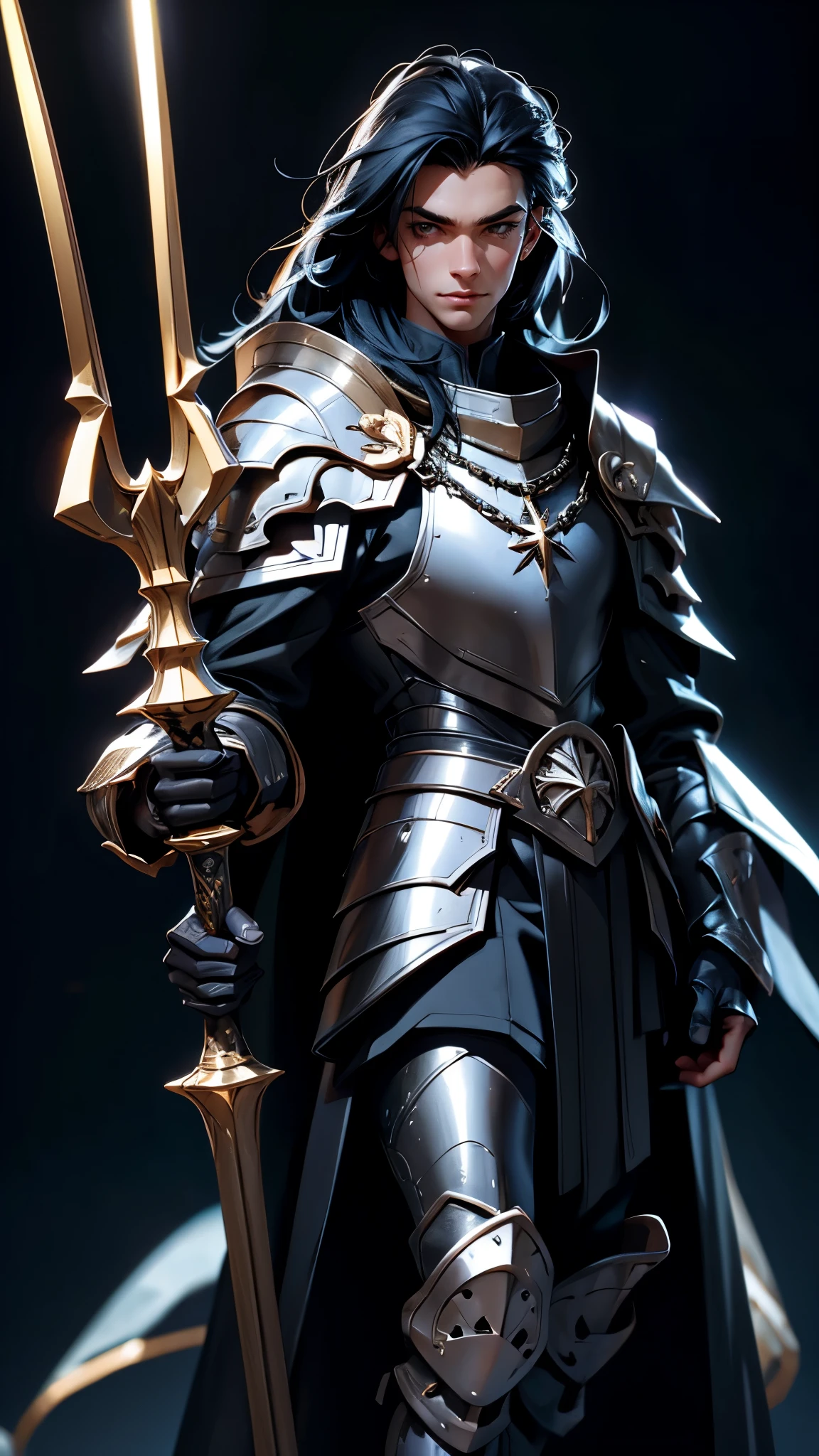 envision a 8k, highres, cinematic, detailed, semi realistic close up portrait of a sharp man, with a slender face, big eyes, a tall skinny body, and long blue hair, chainmail, black robes, brown eyes, black gauntlets, shoulder cape, noble, knight armor, ice, bright magic, sprites, star power, boots, sharp eyes, with a cocky pose, smile, (((1boy))), in dark lighting, against a dark background