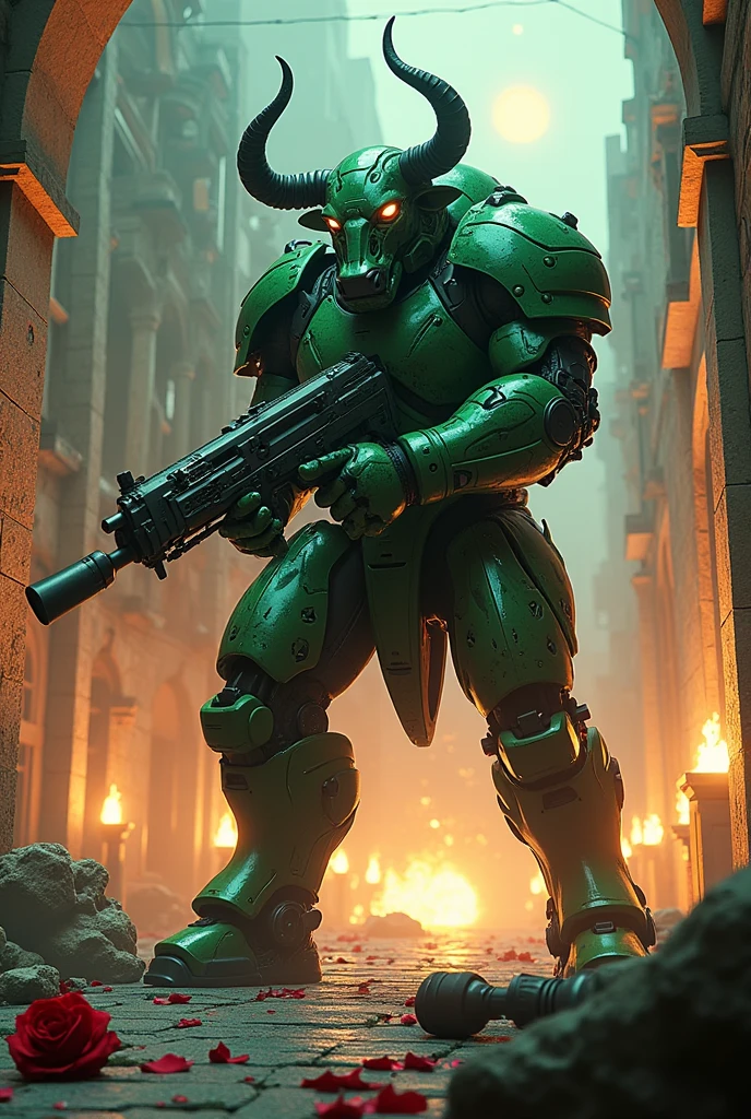 Bull man, castillo, robotic, machine gun, blood, fighting bull man, military, Bombs. knife. fire , green armor , candles, rose, neon. fluor