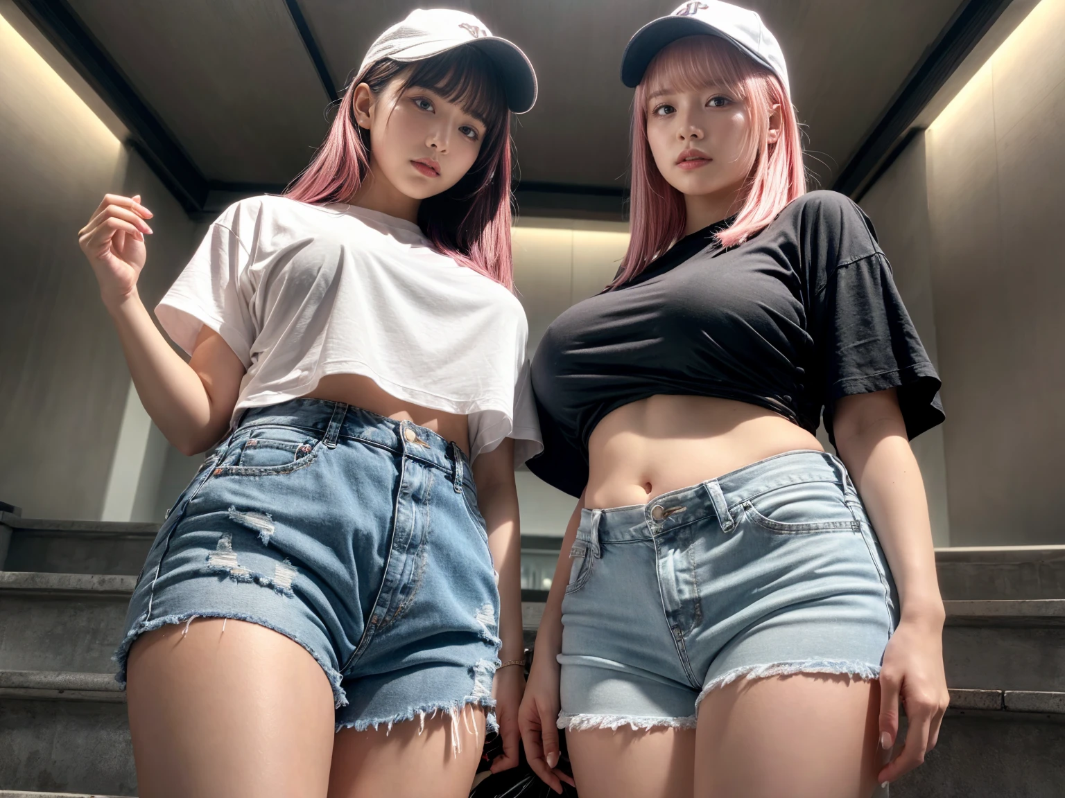 Best quality,ultra detail,2 girls, 1 девушка Physical data": (""Small breasts" + "perfect, elastic ass" + "wide hips" + "toned hips" + "athletic figure" + "curvy lips" + "Short red hair" + "brown eyes” (""Black bra with a cropped top and a cardigan over it" + "short white shorts" + ”White sneakers", 2 девушка Big breasts" + "perfect round ass" + "athletic hips" + "plump hips" + "perfect figure" + "curvy, plump lips" + "Long pink hair pulled back in a ponytail" + "blue eyes"”)}, , {”Clothes“: ("Wearing a white sleeveless T-shirt + no bra under the T-shirt" + "Light skirt, above the knees" ((They stand opposite each other and look at the camera))
