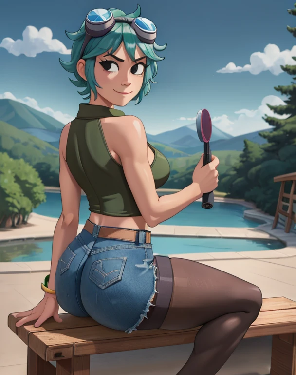 masterpiece, best quality, 1girl, solo, closed mouth, smile, looking at viewer, scottpilgrimvstheworld, Ramona Flowers. (Wearing: goggles, opened tan coat, black camisole, denim short-shorts, black pantyhose). Shot taken from behind, looking from behind, ass view. Outdoors, sitting on a bench
