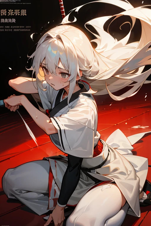 (highest quality、masterpiece、High resolution、detailed)、(Shining eyes、detailed beautiful face)、1 girl, alone, gray hair, double ponytail, Cat ear, blush, open your mouth, belly button, nipple, Sarashi, (kneel down: 1.3), bondage, (shibari), bound, (back of hand: 1.4), rope, Restraint weapons,masterpiece、(beautiful anime)