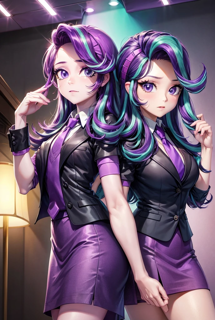 Number 8、Splatoon、Purple Hair、Long Hair、((pantyhose))、Photo from below、Medium chest、Bedroom、Swimsuit、((school uniform))、bulge, femboy, legs spread, 2girls, kissing, dating