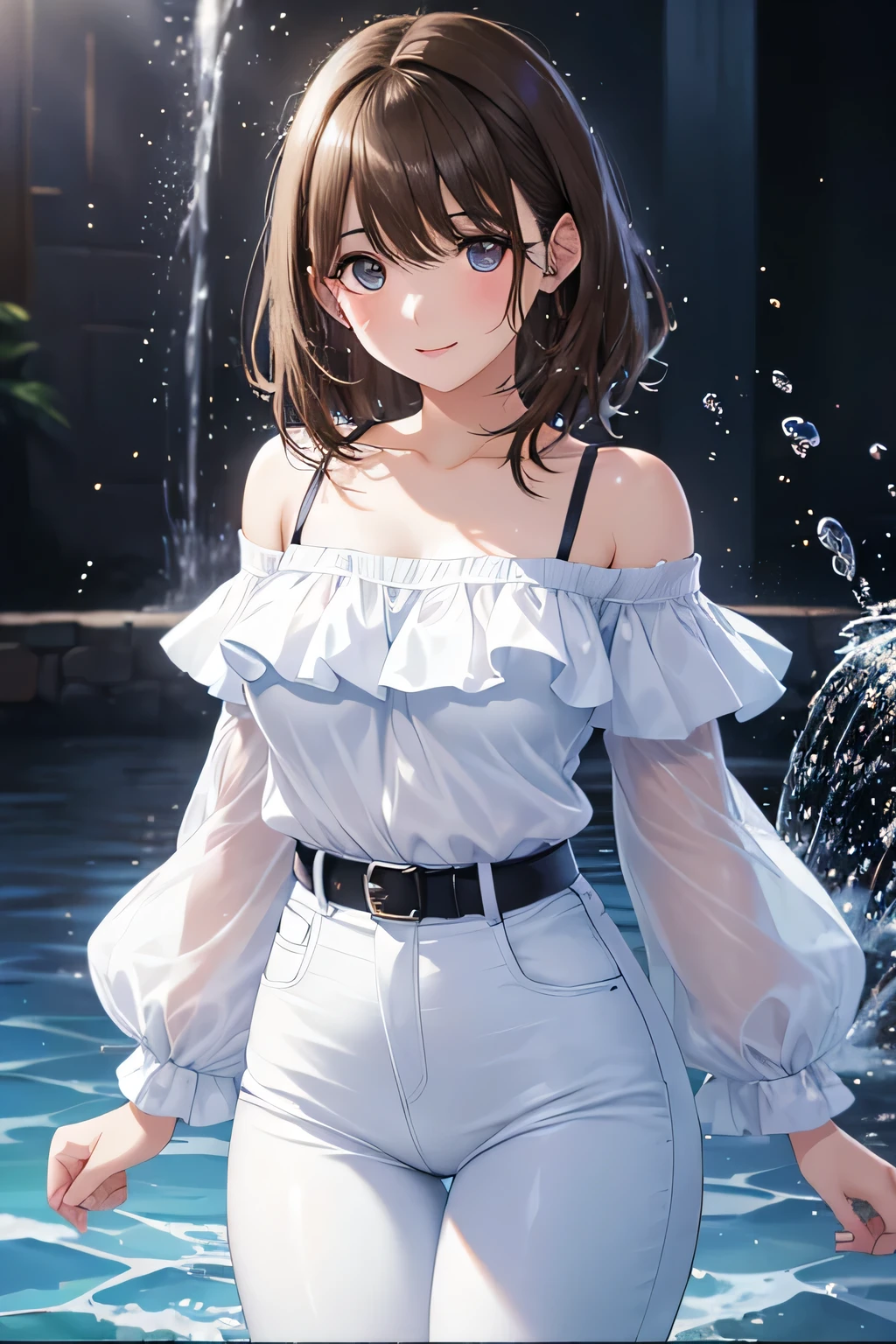 Nene Kasaki々、Shiny brown hair, Medium Hair, (Beautiful brown eyes、Sparkling eyes, fine grain)、smile、Very fine eye、Highly detailed face, Highly detailed eyes,Cowboy Shot、



,masterpiece, Highest quality, 8k, 8K  UHD, 超High resolution, 超High resolution, High resolution, shading, 
Highest quality,masterpiece,absurdes,High resolution,Dynamic Lighting,Exquisitely crafted,Beautiful Eyes,
BREAK
(1 girl, alone:1.5),
(Off-the-shoulder blouse and tight white pants),
BREAK
[Backlight],(Audience&#39; perspective),Starry Sky,(Outdoor, night, river),(Wet Hair:1.2),
(splash:1.2),(Water Drop:1.1),Display audience,buzzer,chromatic aberration