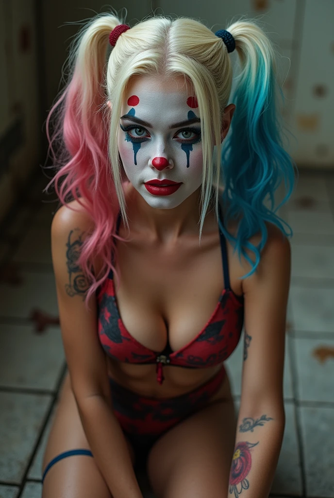 a female clown who has features of the Joker with unique makeup, purple hair, a scar on his face, a wider smile, looks scarier and has a red nose, nude, large breasts, tattooed, full body view. Skinny ite. In front of a wall with graffiti, sitting on the ground with legs spread 