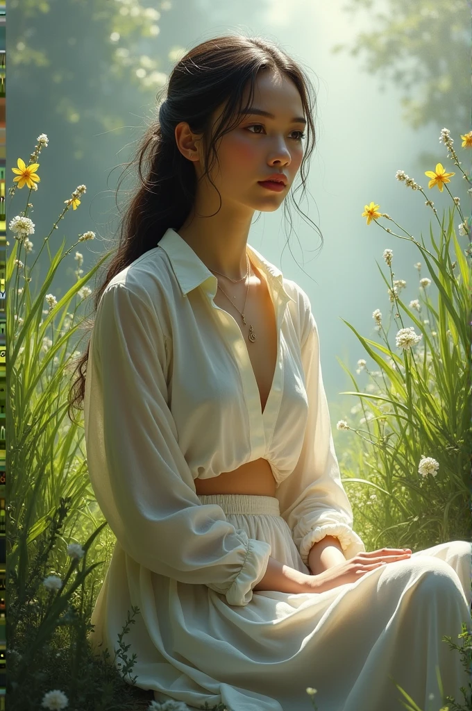 ((masterpiece, Best quality, a high resolution, ultra detailed),(beautiful and aesthetically pleasing:1.2), 1 woman, adult, perfect body, Wavy dark hair, green eyes, high short ponytail, Beautiful, Detailed eyes and face, long oversized shirt, Converse sneakers, golden hour, Field of Flowers, complex parts
