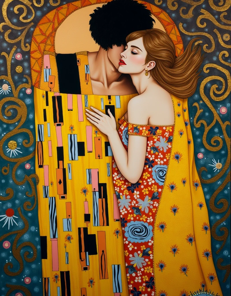 Austrian Symbolism inspired portrait of a insanely beautiful woman, influenced by Gustav Klimt’s ‘The Kiss’, shimmering with gold leaf detail and intricate patterns