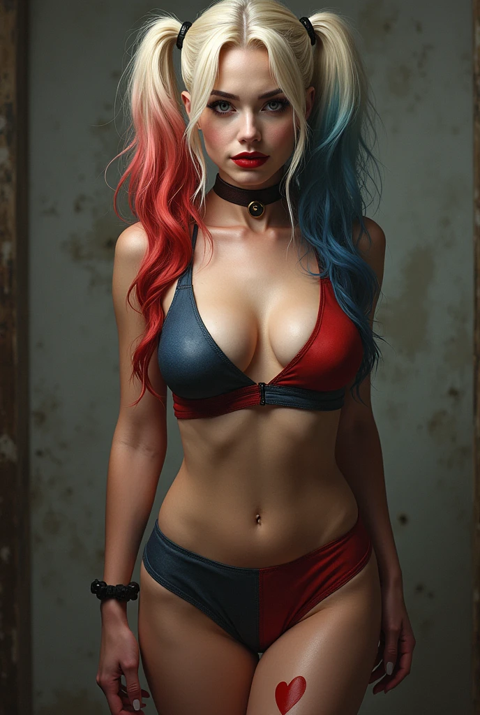 (masterpiece, best quality) Harley Quinn, beautiful woman, pigtails, stylish bikini, on the beach, pet hyena, vibrant colors