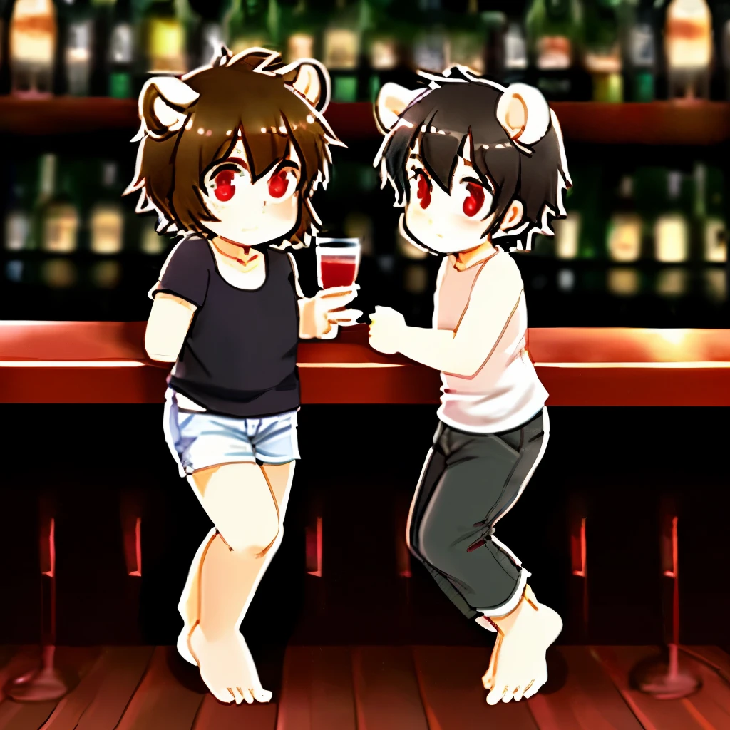 Black-haired, barefoot little Shota walks in the bar background，(black fur， delicate fur， red eyes， brunette hair），sweet
