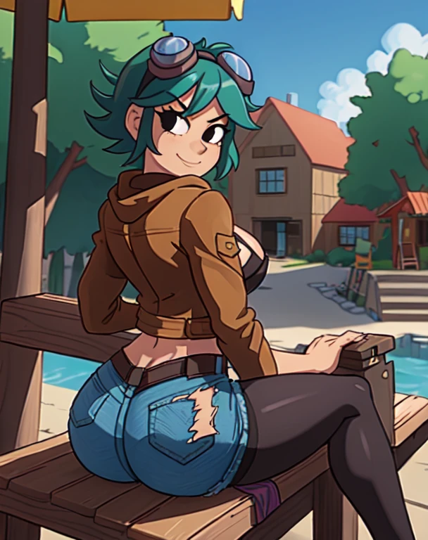 masterpiece, best quality, 1girl, solo, closed mouth, smile, looking at viewer, scottpilgrimvstheworld, Ramona Flowers. (Wearing: goggles, opened tan coat, black camisole, denim short-shorts, black pantyhose). Shot taken from behind, looking from behind, ass view. Outdoors, sitting on a bench