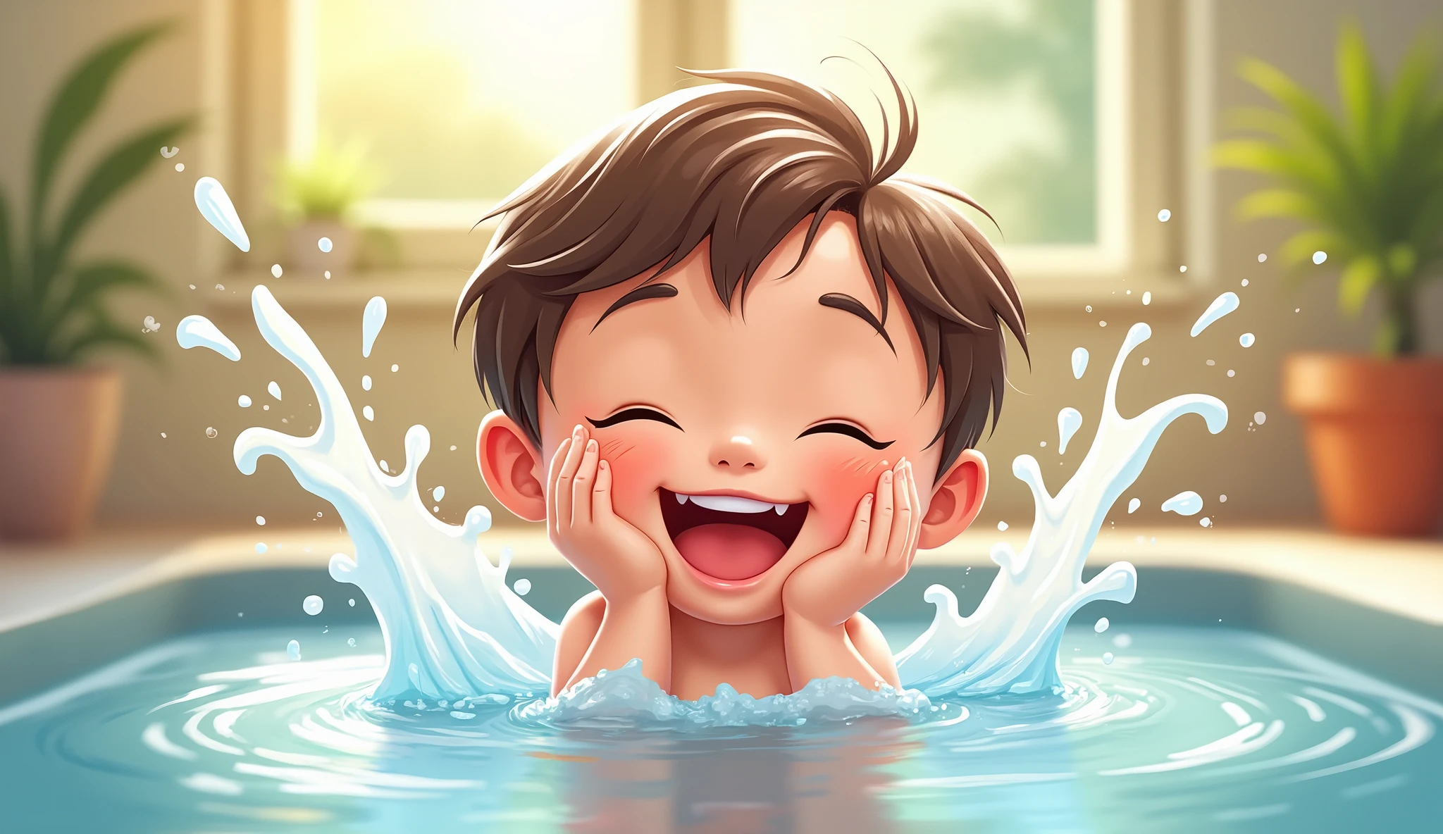 realistic image. Happy, expressive baby, 1 year old boy, brasieleiro, light brown, perfect brown eyes, perfect smile, bathing in the bathtub with lots of foam, fun, perfect lighting. 3D Cartoon. 4k high quality image. cinematics.