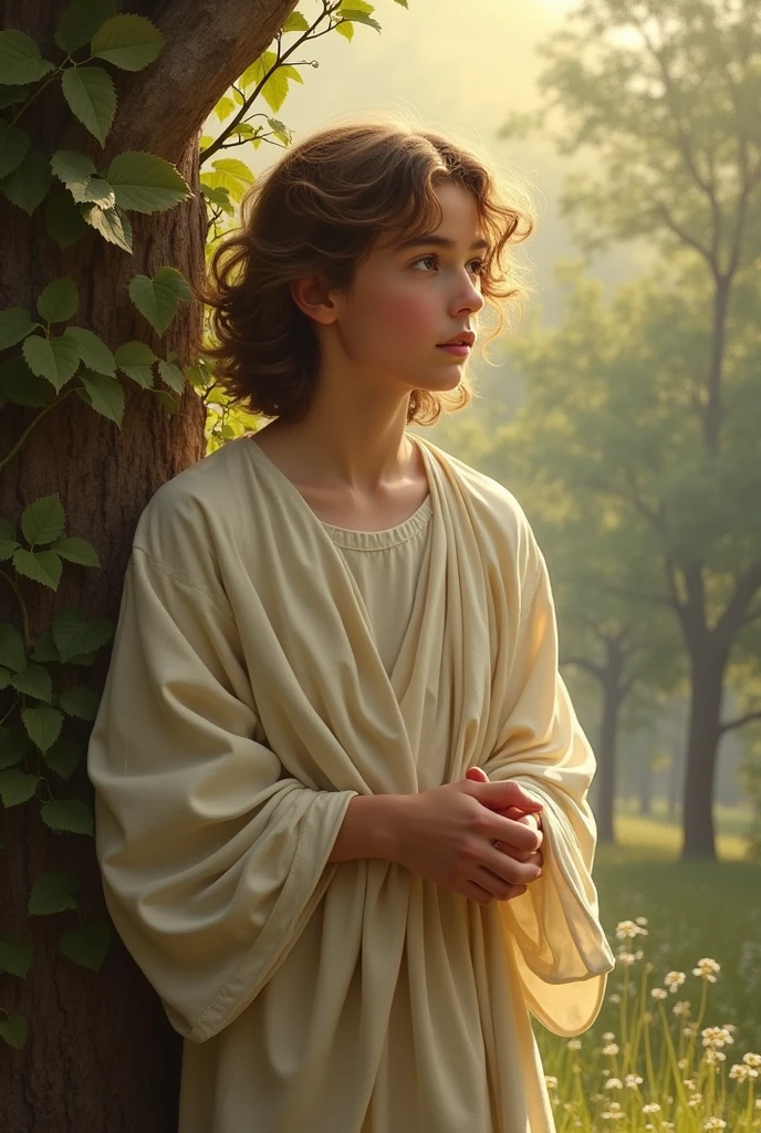 ((high resolution)), pale skin, freckled, brunette 13 year old girl, ((small breasts)), long curly hair, as a fantasy priestess, sun shining behind head, in the style of William-Adolphe Bouguereau